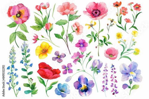 Wallpaper Mural Colorful assortment of hand-painted watercolor flowers Torontodigital.ca