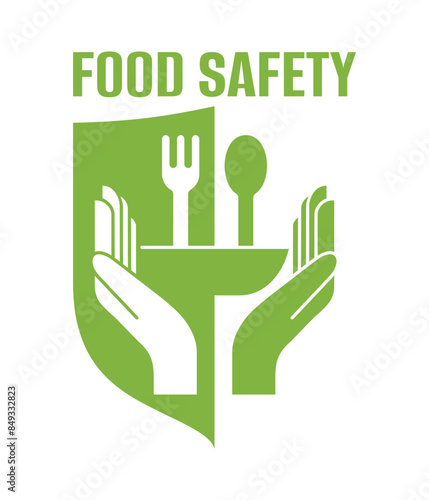Food safety emblem in flat style - hands, fork, plate and spoon