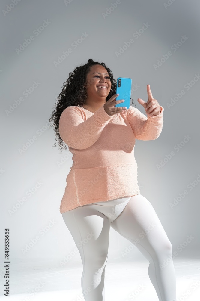An attractive smiling Black American female Hispanic plus size model holding and taking a selfie with a blue smartphone An attractive smiling Black American female Hispanic plus size model holding and taking a selfie with a blue smartphone