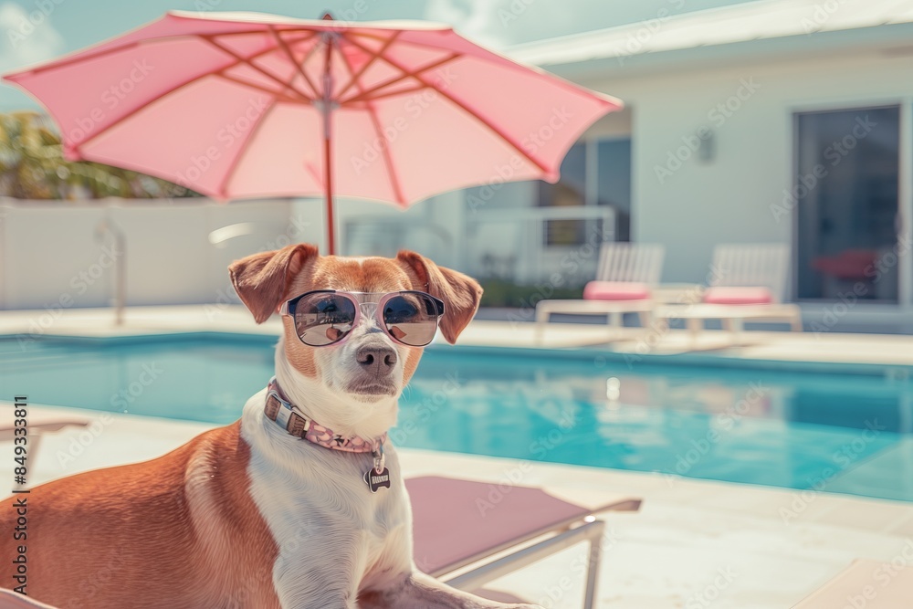 Funny dog in a sunglasses sitting near the pool in a summer day. AI generative Funny dog in a sunglasses sitting near the pool in a summer day. AI generative