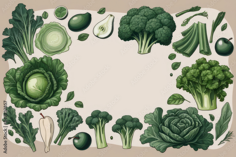 Vegetable border design template of kale, salad leaves, spinach, broccoli, apple, cucumber, peas on a beige background. Vegetable border design template of kale, salad leaves, spinach, broccoli, apple, cucumber, peas on a beige background.
