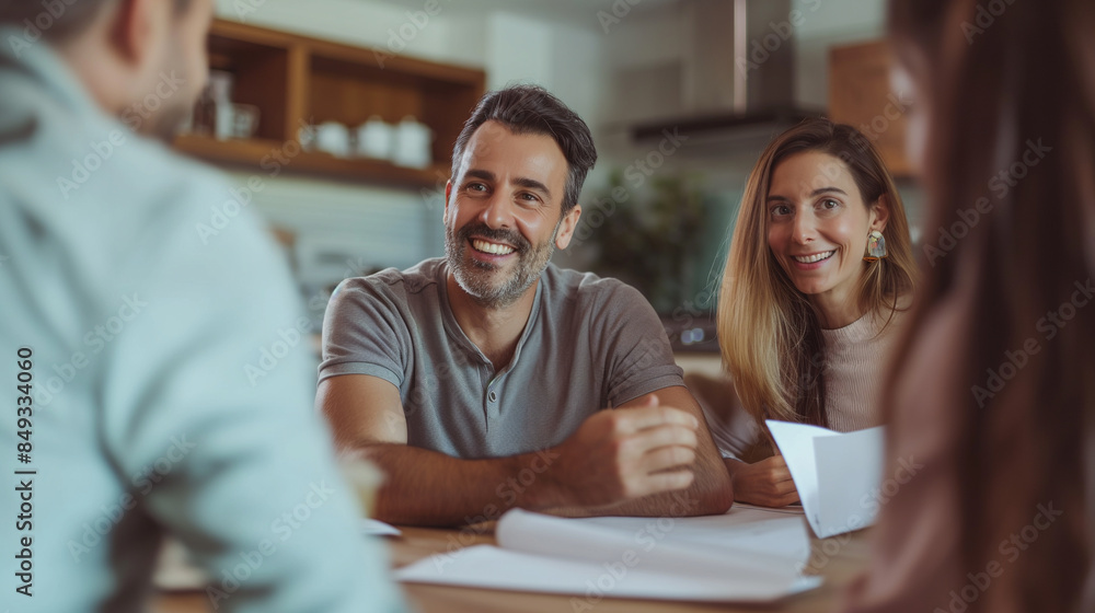Two Couples Engaged in a Business Meeting, Discussing Home Purchase Two Couples Engaged in a Business Meeting, Discussing Home Purchase