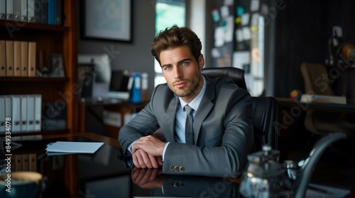 Confident businessman sits at desk working late in office,staring into camera,business concept.