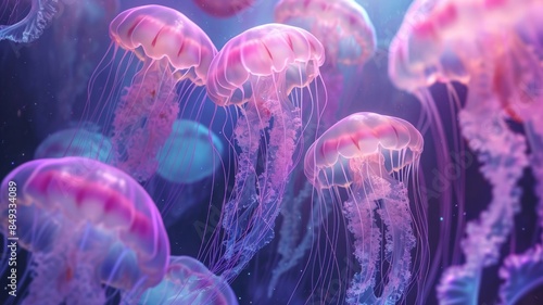 Underwater scuba scene of a colorful cyan coral reef with several White bioluminescent transparent jellyfish, angelic, ethereal, ephemeral, diaphanous 