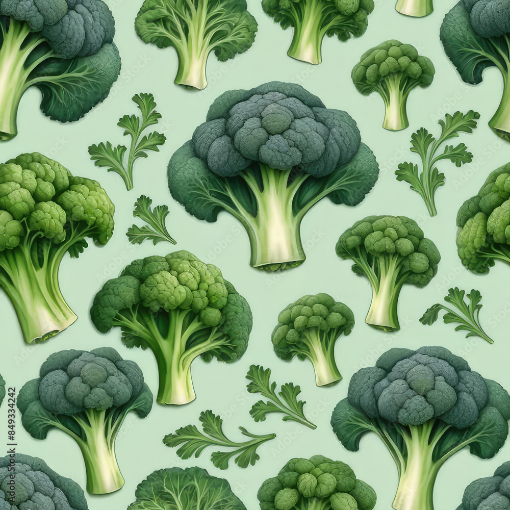 Summer seamless pattern with green broccoli with leaves parsley on a soft green background.