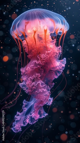 Underwater scuba scene of a colorful cyan coral reef with several White bioluminescent transparent jellyfish, angelic, ethereal, ephemeral, diaphanous 