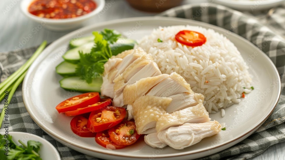 Singaporean national dish Hainanese Chicken Rice poached chicken rice chili sauce Singaporean national dish Hainanese Chicken Rice poached chicken rice chili sauce