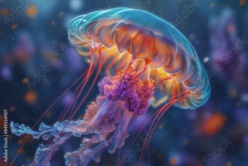 Underwater scuba scene of a colorful cyan coral reef with several White bioluminescent transparent jellyfish, angelic, ethereal, ephemeral, diaphanous