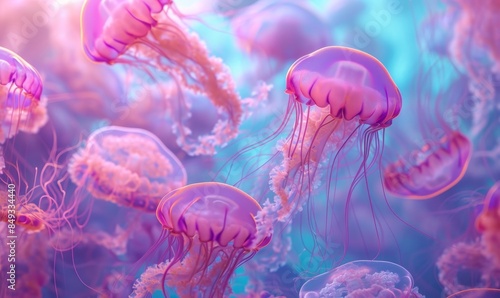 Underwater scuba scene of a colorful cyan coral reef with several White bioluminescent transparent jellyfish, angelic, ethereal, ephemeral, diaphanous 