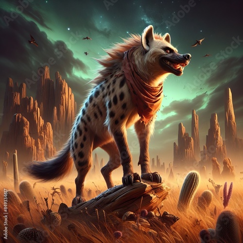 Snarling Hyena: A Menacing Digital Art of Wildlife Carnivore Against Orange-Hued Sunset