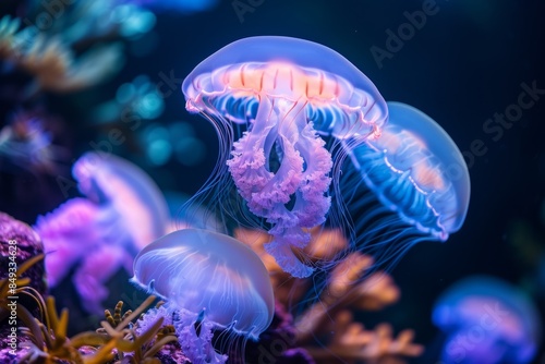Underwater scuba scene of a colorful Reef with several bioluminescent transparent jellyfish 