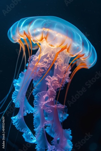 Underwater scuba scene of a colorful cyan coral reef with several White bioluminescent transparent jellyfish, angelic, ethereal, ephemeral, diaphanous 