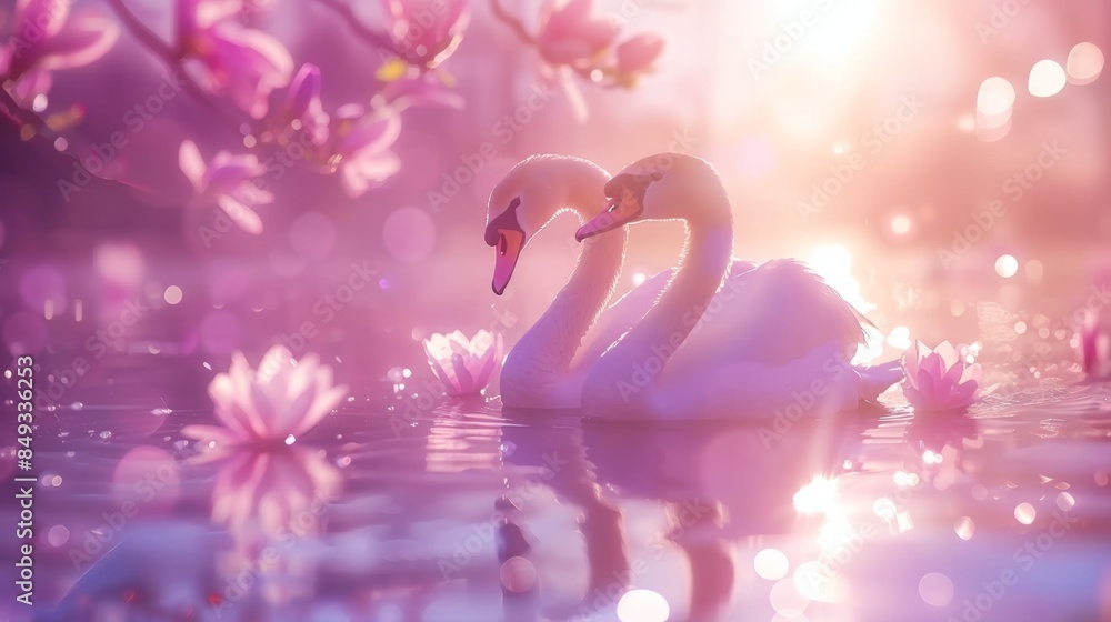 Romantic swans on serene lake at sunset with pink hues Romantic swans on serene lake at sunset with pink hues