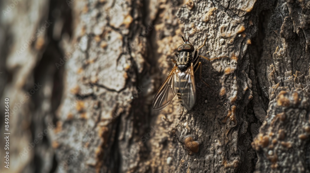 Fly resting on rough tree bark Fly resting on rough tree bark