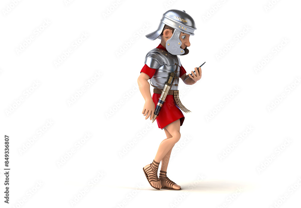 Fun 3D cartoon roman soldier walking with a smartphone Fun 3D cartoon roman soldier walking with a smartphone