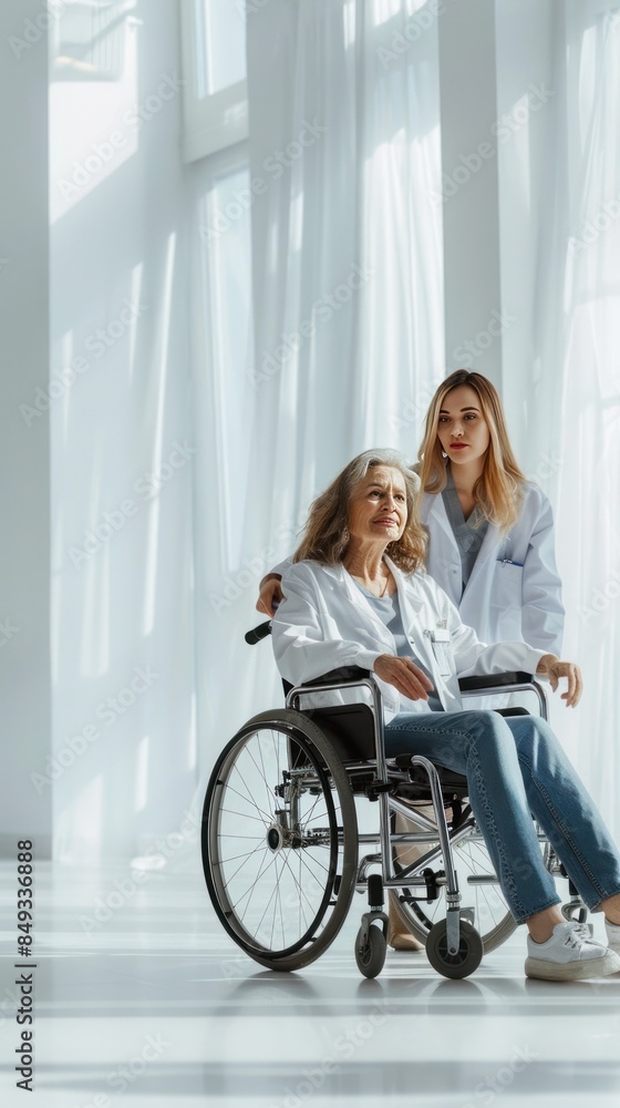 Photograph of a young nurse pushing an elderly woman on a wheelchair in a hospital Photograph of a young nurse pushing an elderly woman on a wheelchair in a hospital