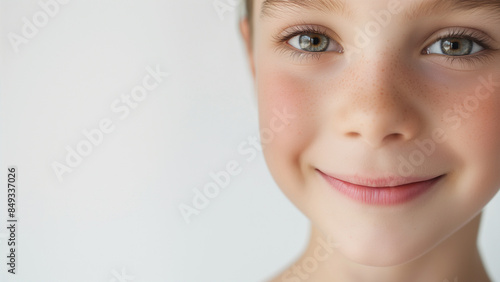 8 years old white female, smile expression, copy space