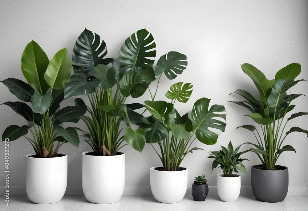 Obraz premium Collection of beautiful plants hanging in various ceramic pots isolated on white background