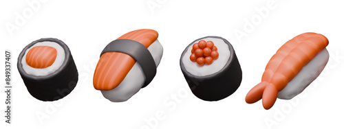 Collection of sushi rolls and nigiri in realistic style. Traditional Japanese dishes