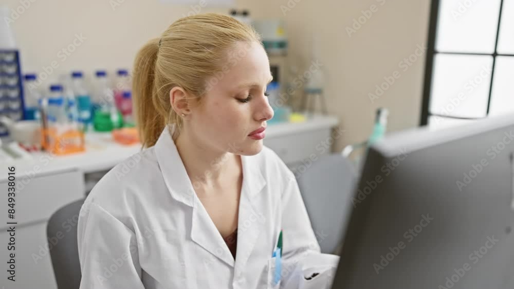 Enraged young blonde scientist in uniform at lab, furiously screaming at computer in frustration and aggressive madness Enraged young blonde scientist in uniform at lab, furiously screaming at computer in frustration and aggressive madness