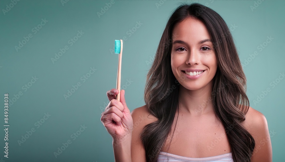 Obraz premium beautiful young woman with toothbrush on pastel blue background