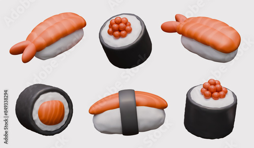 Set of realistic sushi with fish, caviar, shrimp. Popular seafood dishes