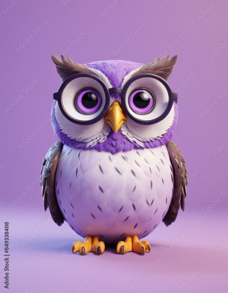 A 3D cartoon owl with big round eyes and glasses on a lavender background. A 3D cartoon owl with big round eyes and glasses on a lavender background.