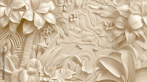3d tropical leaves Wallpaper Background golden art for digital printing wallpaper, mural, custom design wallpaper. AI generated illustration