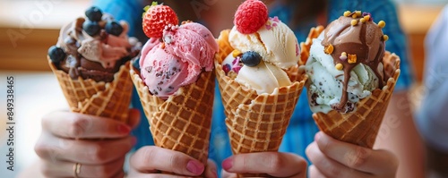 Friends having an ice cream social for National Ice Cream Cone Day, September 22nd, enjoying cones and toppings, 4K hyperrealistic photo.
