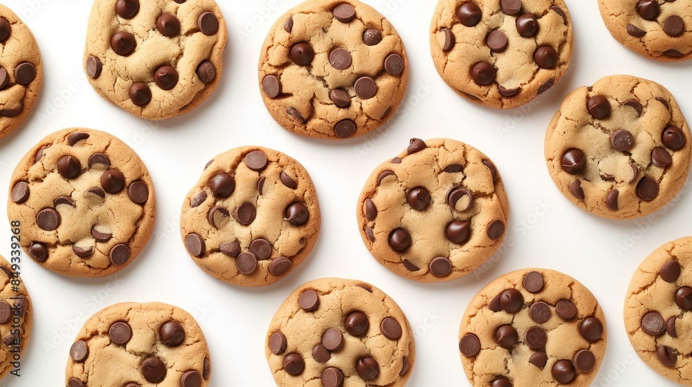 Full Frame of Delicious Chocolate Chip Cookies Against a White Background Full Frame of Delicious Chocolate Chip Cookies Against a White Background