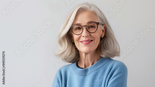 Happy Senior Woman With Glasses in Blue Sweater Smiling at Camera