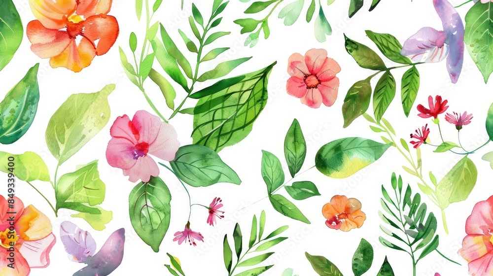 Fototapeta premium Seamless pattern of leaf and flowers in watercolor on a white background