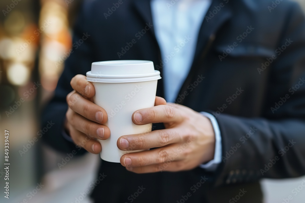Businessman getting ready to leave with a white paper coffee cup.A mock-up of a coffee cup in a clean carton.Rough background, horizontal mockup, Generative AI. Businessman getting ready to leave with a white paper coffee cup.A mock-up of a coffee cup in a clean carton.Rough background, horizontal mockup, Generative AI.