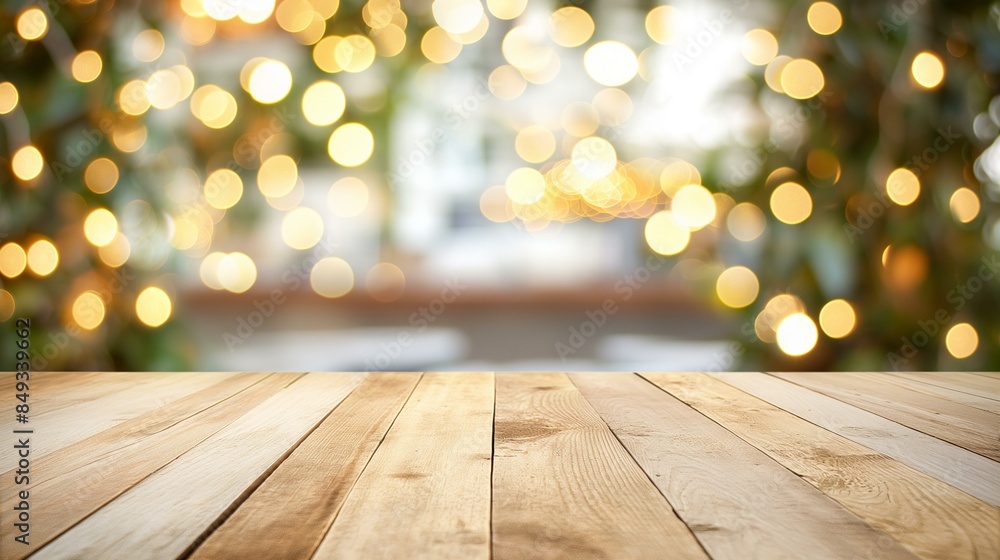 Empty Wooden Table Top with Warm Bokeh Lights in Background
