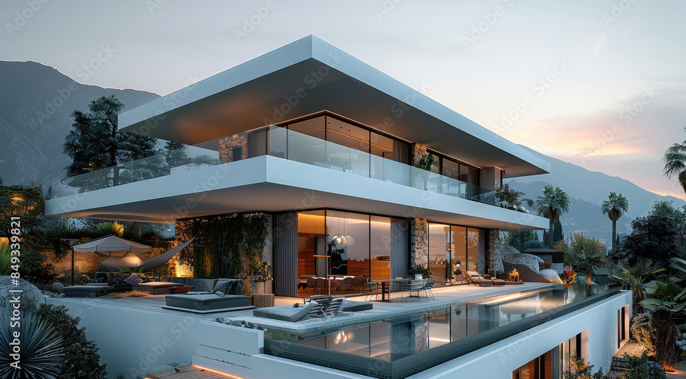 Fototapeta premium Modern house with pool nearby and mountains in the background. Generative AI.