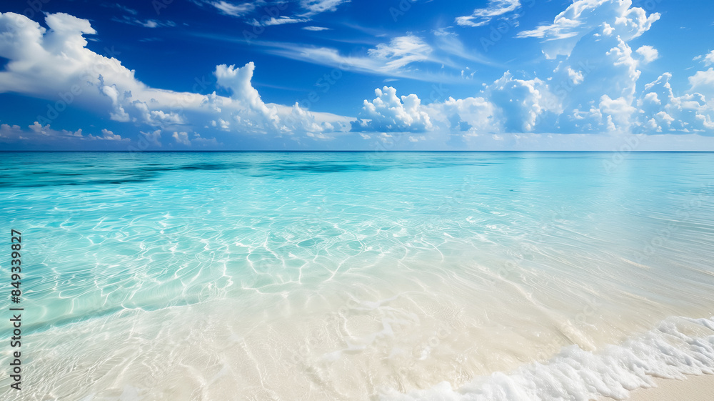 Stunning turquoise ocean with gentle waves lapping against a white sandy shore under a clear blue sky, perfect for a serene escape. Stunning turquoise ocean with gentle waves lapping against a white sandy shore under a clear blue sky, perfect for a serene escape.