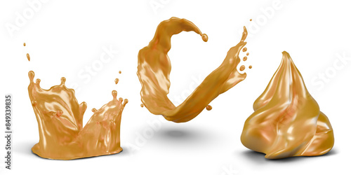 Set of decorative golden confectionery elements. Luxury whipped cream, splash, swirling stream