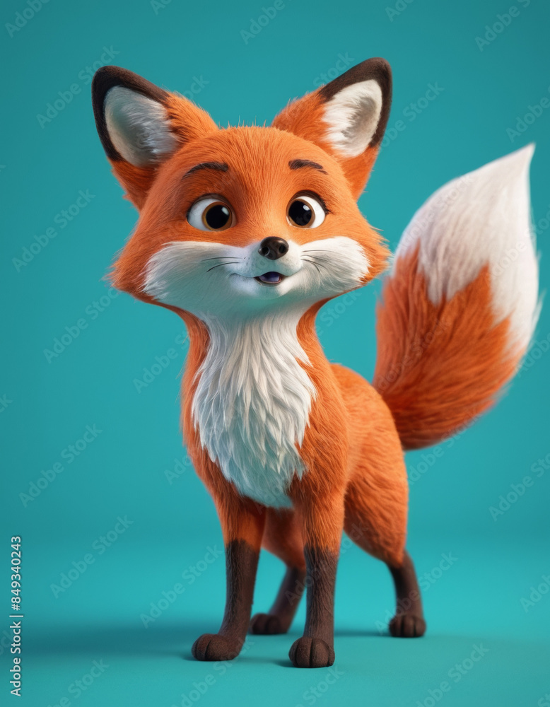 Obraz premium A 3D cartoon fox with a bushy tail and a curious look on a teal background.