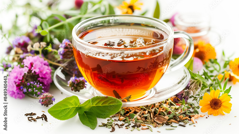 Herbal tea in a clear cup surrounded by fresh herbs and flowers, emphasizing natural health benefits and a relaxing, soothing experience. Herbal tea in a clear cup surrounded by fresh herbs and flowers, emphasizing natural health benefits and a relaxing, soothing experience.