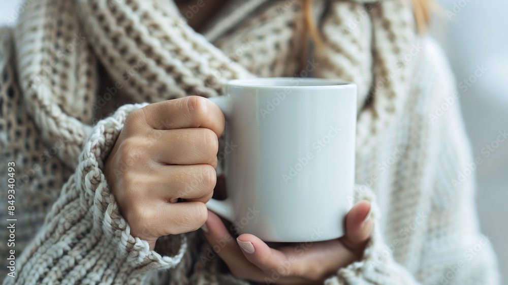 Woman holding a white coffee mug on a casual day Woman holding a white coffee mug on a casual day