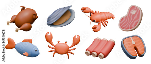 Fried chicken, mussel, crayfish, steak, fish, crab, ribs, fish steak
