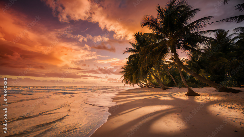 Fototapeta premium A breathtaking sunset lights up the sky above a tranquil tropical beach lined with palm trees.