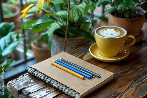 Notepad and coffee cup on the table in the garden.