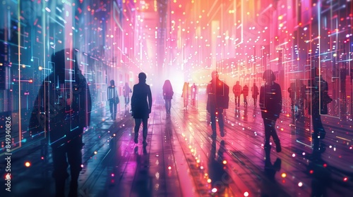 A neural network-generated image depicts a group of people walking down a hallway illuminated by colorful lights