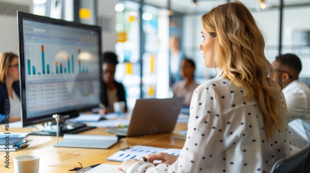 A focused businesswoman reviewing data on a large screen in a modern office, highlighting the importance of analytics in a collaborative professional setting. A focused businesswoman reviewing data on a large screen in a modern office, highlighting the importance of analytics in a collaborative professional setting.