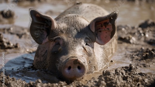 A pig covered in mud is lying in a mud puddle.