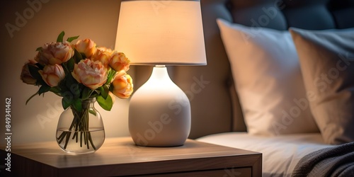 Cozy Home Decor Scandinavian-Style Bedroom Lamp on Nightstand with Flowers. Concept Home Decor, Scandinavian Style, Bedroom, Lamp, Flowers