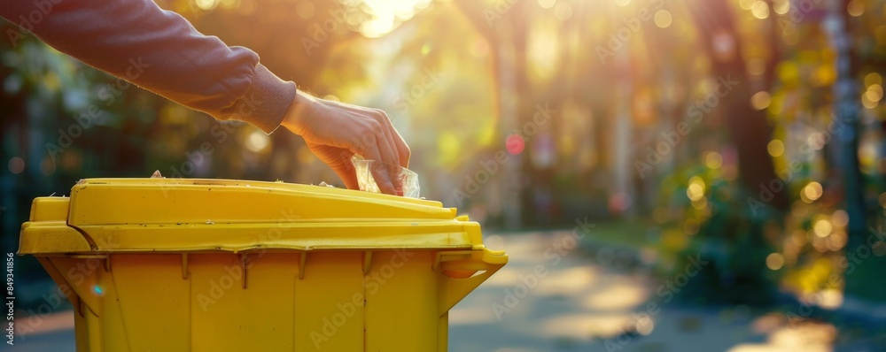 Fototapeta premium Waste bins in the city for recycling plastic bottles and other waste, banner. Generative AI.