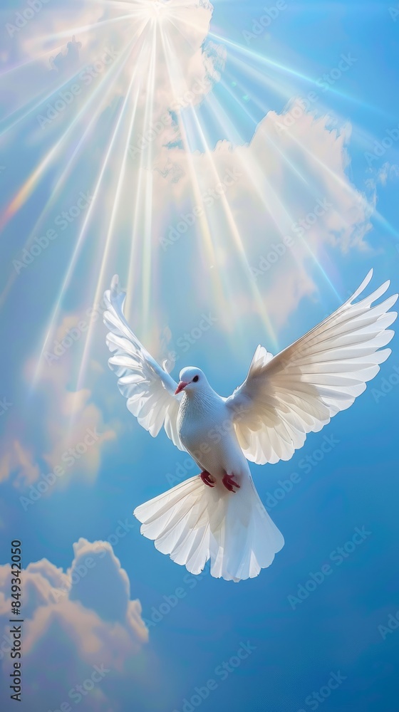 bird, dove, sky, pigeon, flying, blue, white, peace, wing, White doves fly in the air, sacred light shines down from above, blue background with white clouds, white feathers with light, pure and elega bird, dove, sky, pigeon, flying, blue, white, peace, wing, White doves fly in the air, sacred light shines down from above, blue background with white clouds, white feathers with light, pure and elega