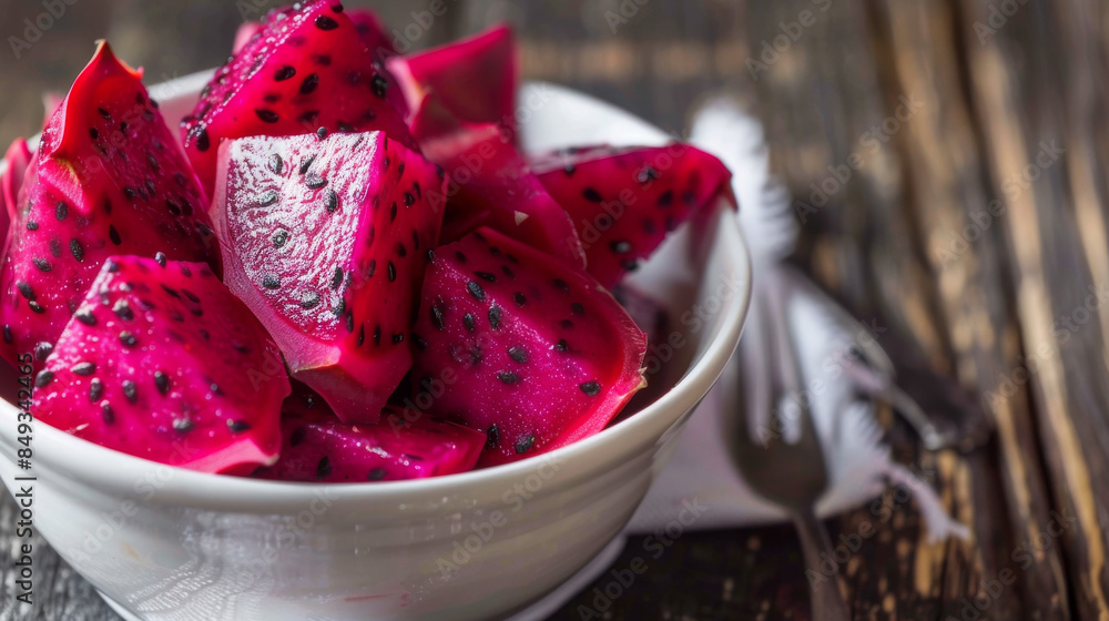 Red Dragon Fruit Chunks in White Bowl Red Dragon Fruit Chunks in White Bowl